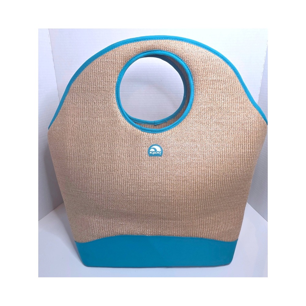 Igloo Insulated Cooler Tote Bag Woven Straw Beach Picnic Turquoise Tan‎ Large